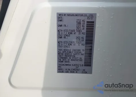 2017 Nissan Pathfinder Platinum z USA, uszkodzony, nr VIN 5N1DR2MM9HC689218